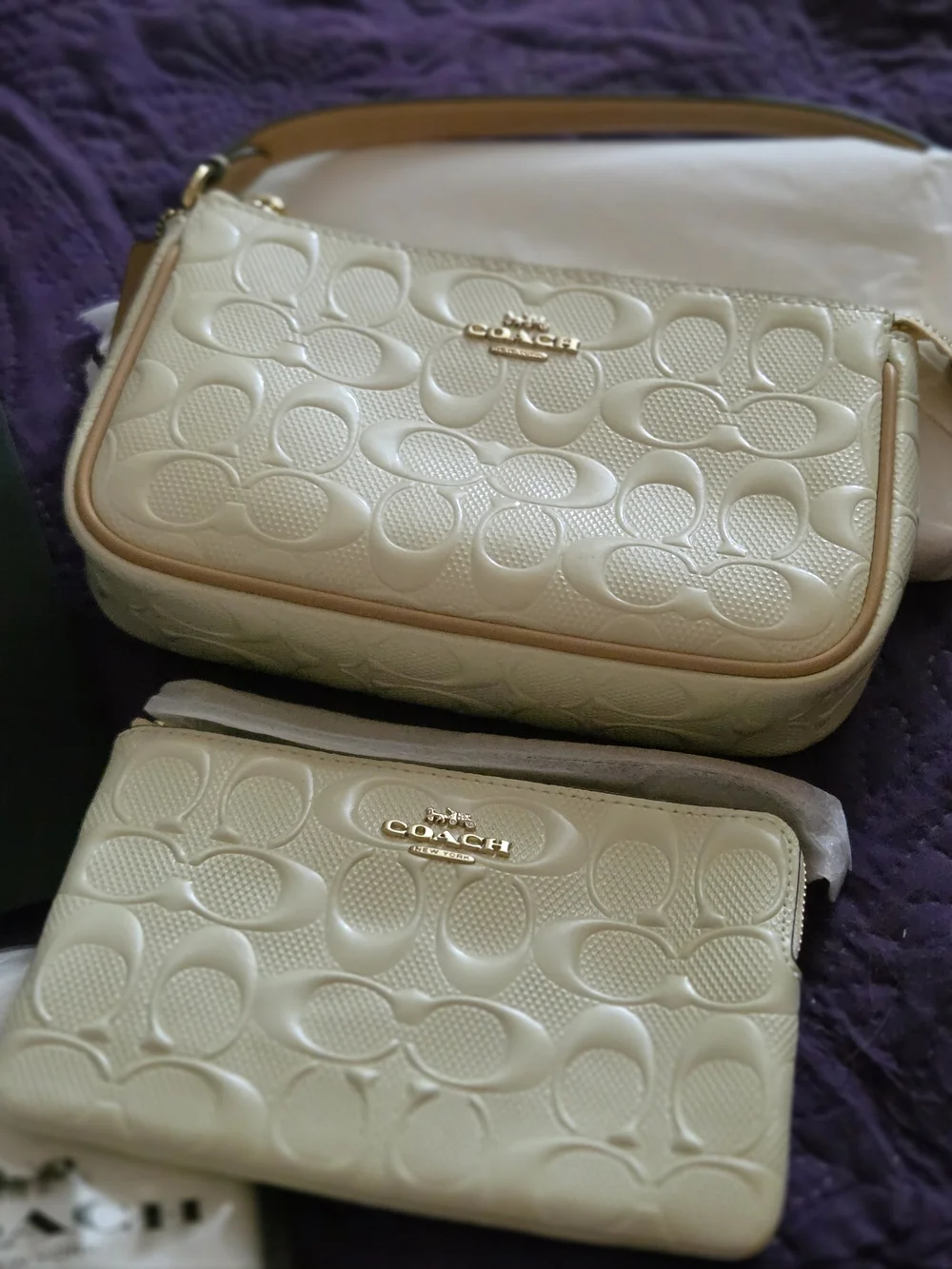Coach Embossed Signature Leather Wristlet Pouch in Light Blue/ Cream